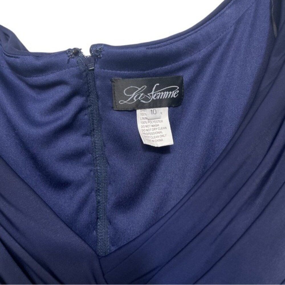 La Femme Ruched Jersey Column Gown in Navy  Size 10 - Picture 5 of 8